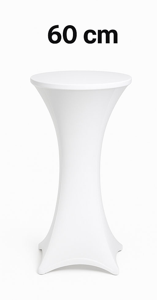 Stehtisch 60cm mit weißer Husse mieten in Wien – eleganter Stehtisch.