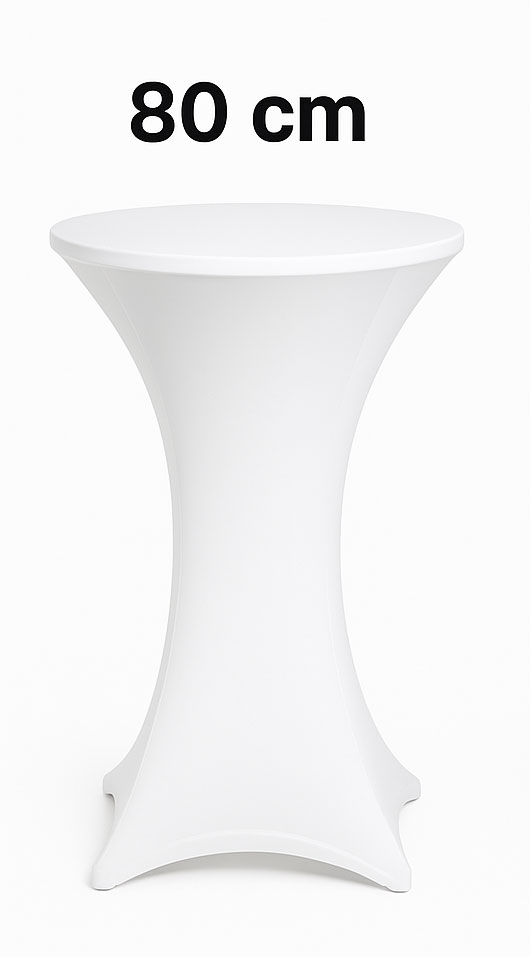 Stehtisch 80cm mit weißer Husse mieten in Wien – eleganter Stehtisch.