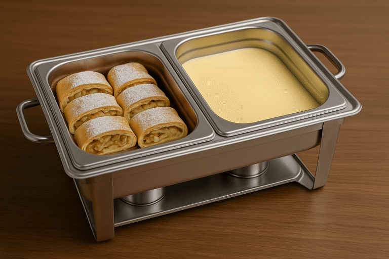 Warmer Apfelstrudel mit Vanillesauce – traditionell & hausgemacht.