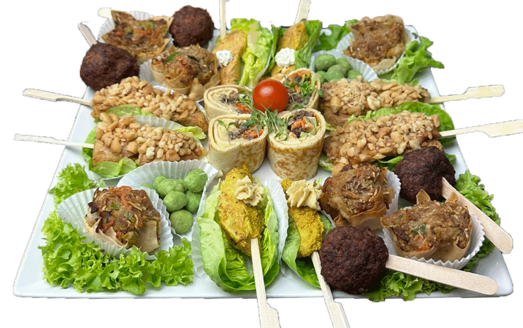 Fingerfood Platte in Wien bestellen – 24 Stück mit Hühnersaté, Curry- & Tandoori-Spießen, Bulgogi-Crepes, Shiitake- & Fleisch-SpringCups.