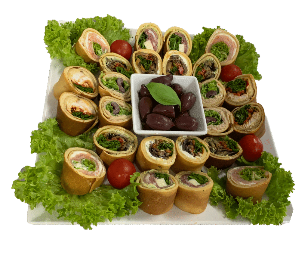 Fingerfood Platte in Wien bestellen – 24 Crepesröllchen, klassisch gefüllt mit Mozzarella, Rohschinken, Thunfisch, gebratenem Huhn, Pilzcreme & Lachs.