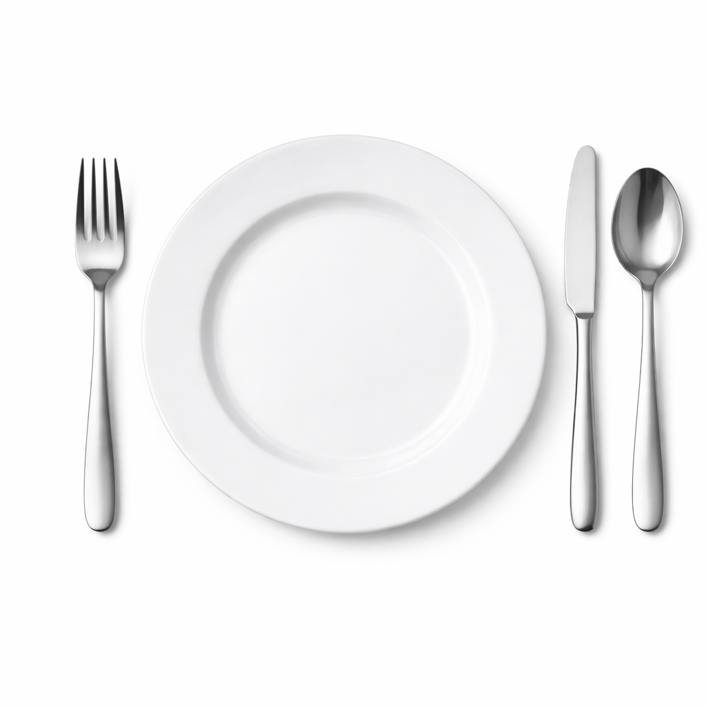 Menü-Set bestehend aus weißem Teller sowie Gabel, Messer und Löffel. Ideal als Ergänzung zu unseren warmen Menüs, geeignet für Büro, Catering und Veranstaltungen.