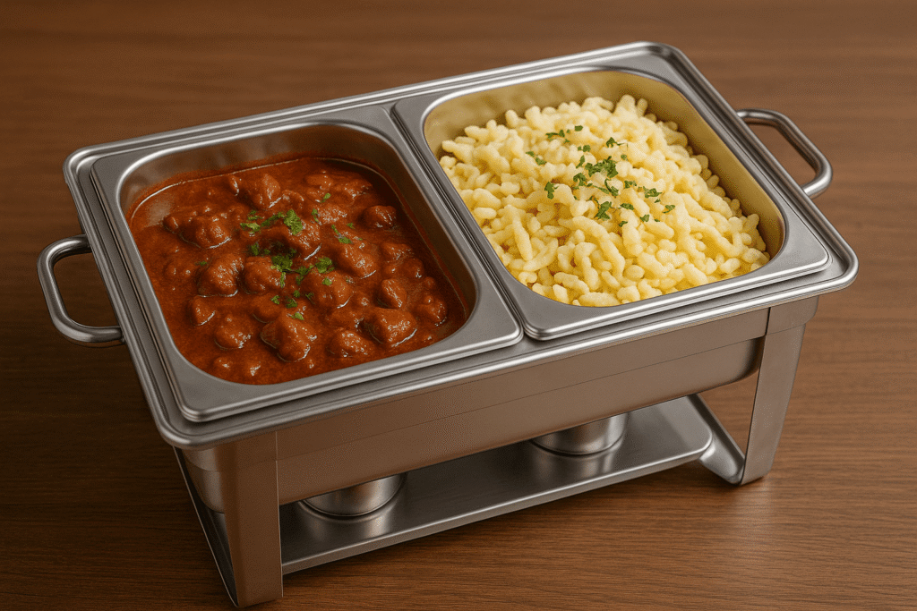 Hausgemachtes Rindergulasch mit Nockerl – klassisch & kräftig.