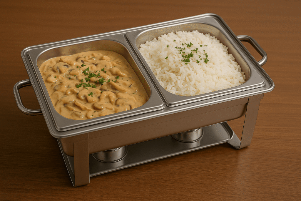 Hähnchengeschnetzeltes mit Champignons in Rahmsauce – inkl. Beilage