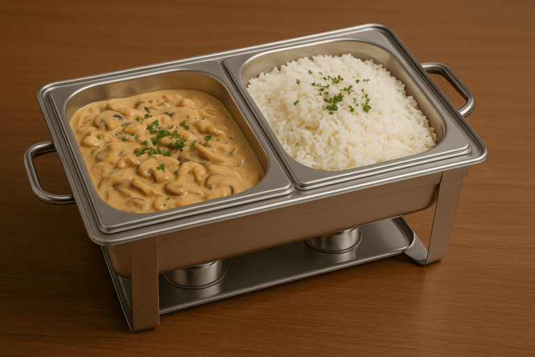 Hähnchengeschnetzeltes mit Champignons in Rahmsauce – inkl. Beilage