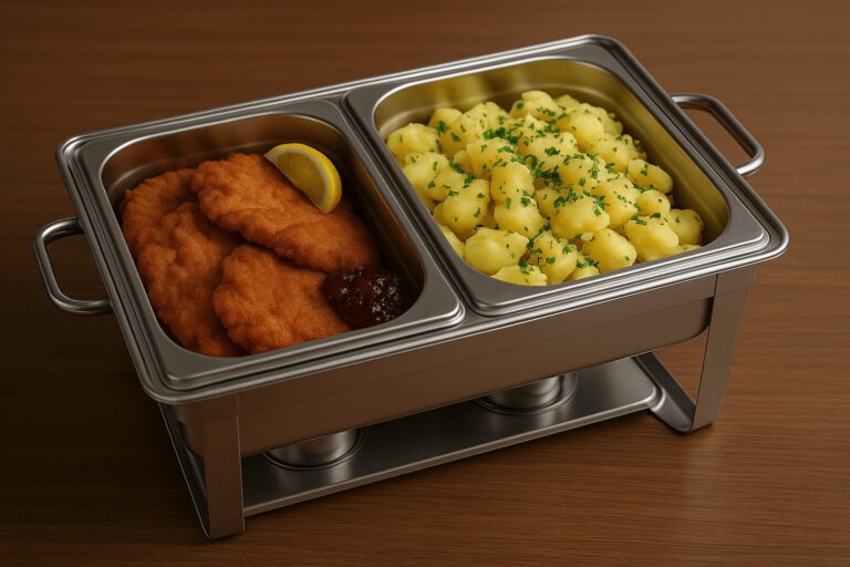 Knuspriges Hühnerschnitzel mit Petersilkartoffeln & Preiselbeeren.