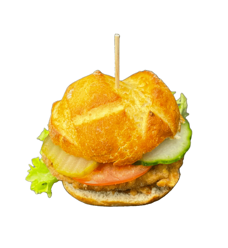 Vegan Burger – köstlicher Linsen-Burger im BIO-Kartoffelweckerl mit Vegan Mayo, Senf, frischem Salat, Tomaten, Gurken und Röstzwiebeln.