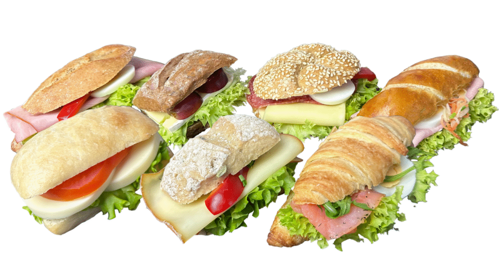 Gefülltes Jourgebäck – kleine Köstlichkeiten in 8 Varianten: Lachs, Beinschinken, Salami, Paprikasalami, Brie, Mozzarella, Rauchkäse & Karree.