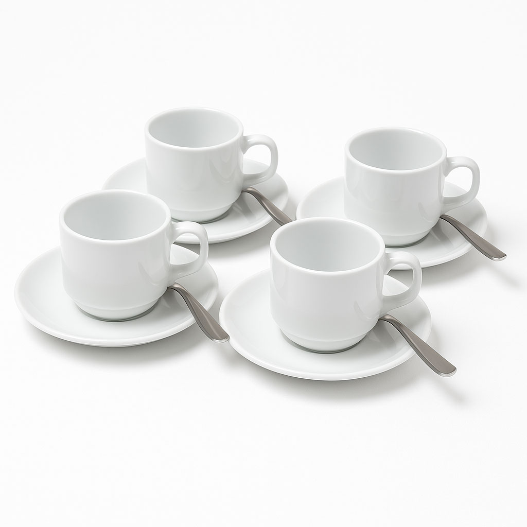 Kaffeeset mieten in Wien – weiße Kaffeetassen mit Untertassen und Löffeln auf weißem Hintergrund.