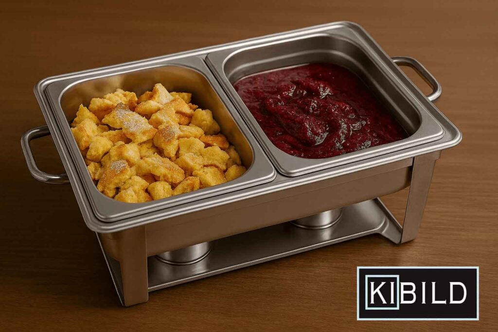 Kaiserschmarrn mit Zwetschkenröster in Edelstahl-Behältern, warm serviert im Chafing Dish