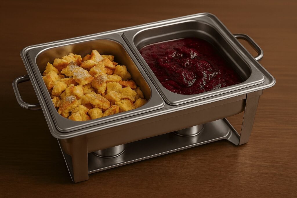 Kaiserschmarrn mit Zwetschkenröster in Edelstahl-Behältern, warm serviert im Chafing Dish