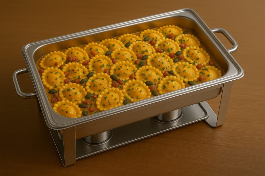 Kürbisravioli mit Butter, Speck, Kürbiskernen & Parmesan