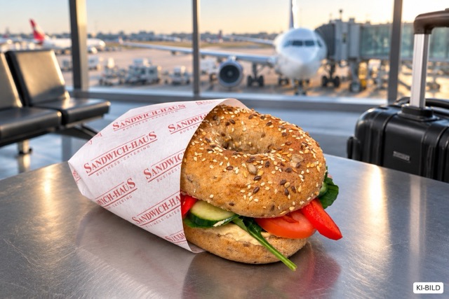 Lunchpaket Bagel für Busreisen und Reisegruppen, wahlweise mit Schinken und Käse oder vegan mit Hummus und Gemüse.