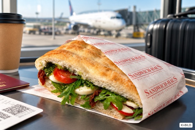 Vegetarisches Lunchpaket Caprese mit Focaccia, Mozzarella, Tomaten, Rucola und Pesto für Busreisen und Ausflüge.