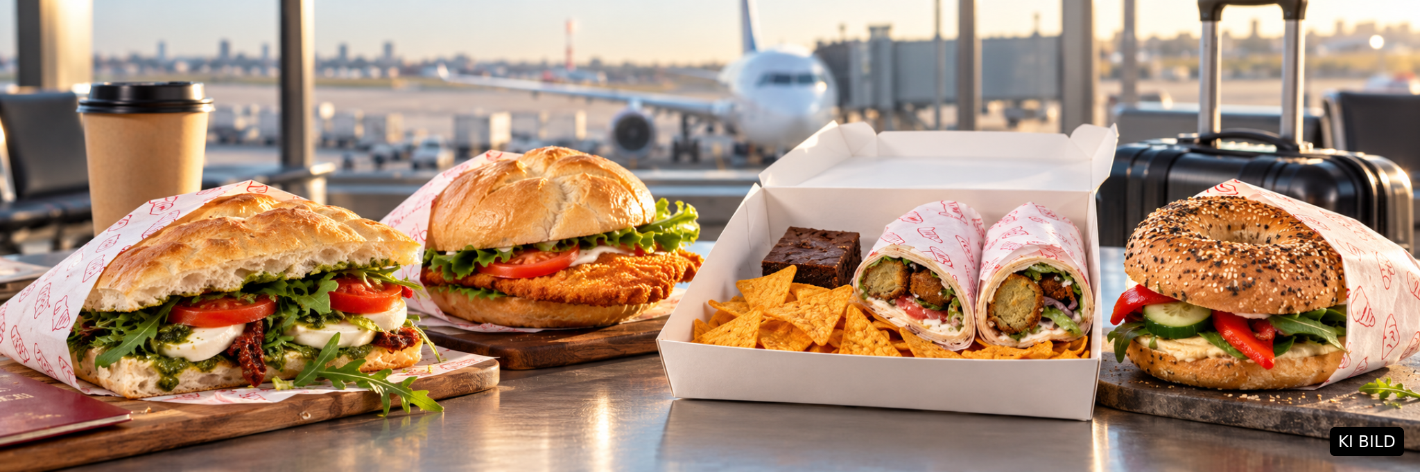 Vier verschiedene Lunchpakete mit Focaccia, Schnitzelsemmel, Wrap Lunchbox und Bagel am Flughafen – Reiseverpflegung vom Sandwich-Haus Wien.