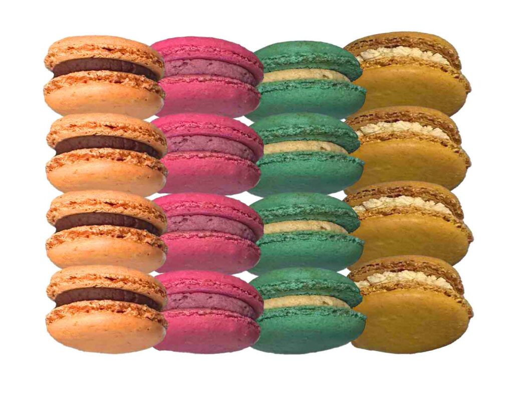 Hausgemachte Macarons – von der Inhaberin persönlich gefertigt. Aktuelle Saisonsorten: Schoko-Orange, Erdbeere, Heidelbeere, Kokos und Pistazie. Elegante, französische Süßigkeit im Fingerfood-Format, die Ihre Gäste begeistert.
