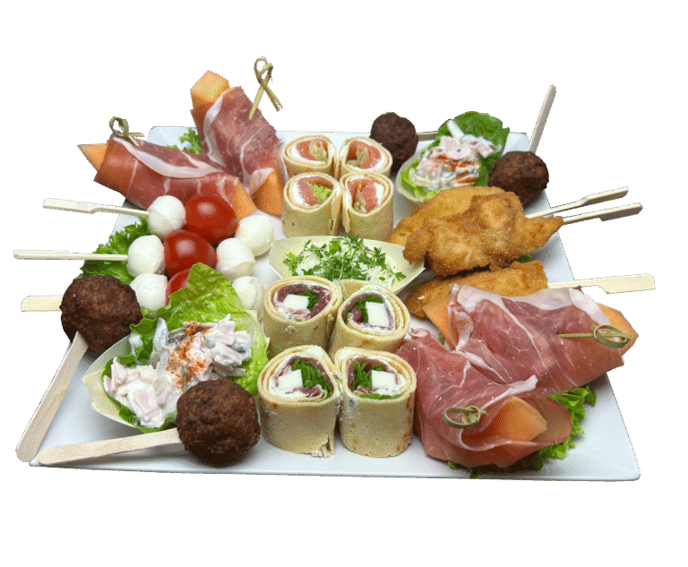 Fingerfood Platte bestellen – mediterrane Auswahl mit 24 Stück: Rohschinken-Melone, Crepesröllchen, Fleischbällchen, Mini-Schnitzel & Mozzarella-Spießchen in Wien.