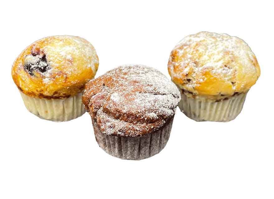 Mini-Muffins – selbst gebacken nach langjähriger Rezeptur. Sorten: Schokostückchen, Heidelbeere und Schoko-Kirsch. Ideal als süßes Fingerfood für Frühstück, Meeting oder Kaffeepause.