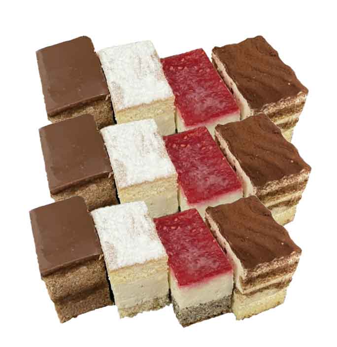 Mini-Schnitten – bunte Auswahl an feinen Kuchenstücken im Fingerfood-Format. Die Sorten werden je nach Saison und aktuellen Trends zusammengestellt – abwechslungsreich und frisch.