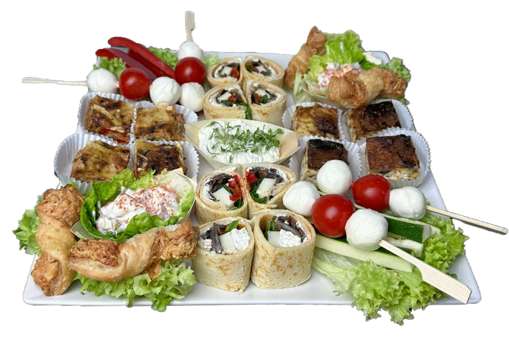 Vegetarische Fingerfood Platte bestellen – 24 Stück abwechslungsreich: Gemüseküchlein, gefüllte Crepes, Salatschiffchen, Rohkost & Mozzarella.