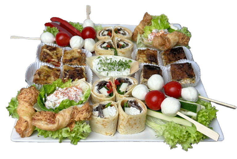 Vegetarische Fingerfood Platte bestellen – 24 Stück abwechslungsreich: Gemüseküchlein, gefüllte Crepes, Salatschiffchen, Rohkost & Mozzarella.