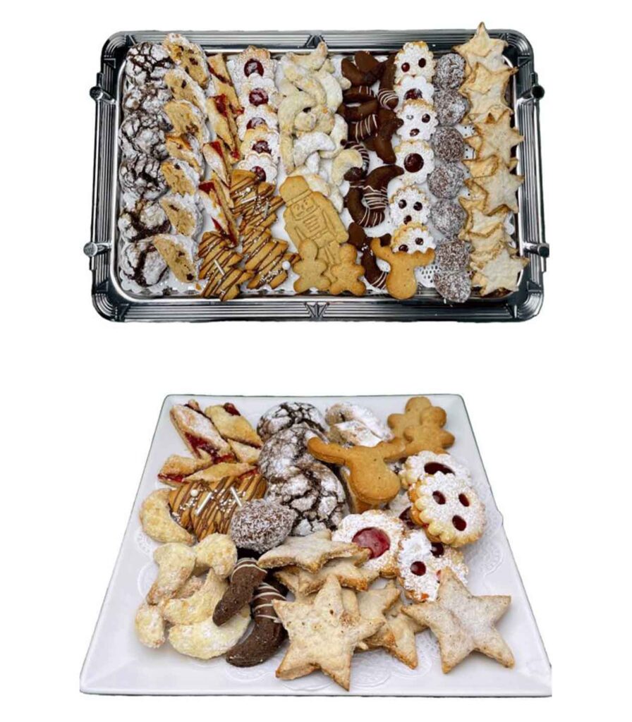 Handgemachte Weihnachtskekse in verschiedenen Sorten, erhältlich in 500 g oder 1,5 kg. Ideal für Firmen, Meetings, Weihnachtsfeiern und Catering in Wien.