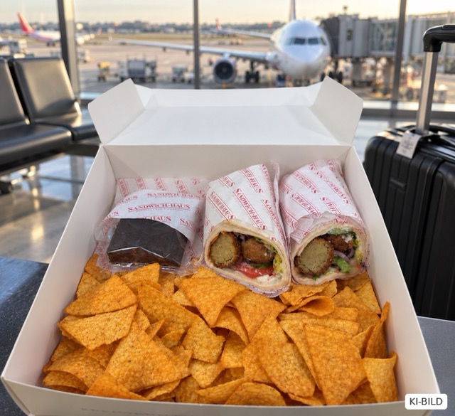 Wrap Lunchbox für Busreisen und Reisegruppen mit frischem Wrap, Tortilla-Chips und Brownie.